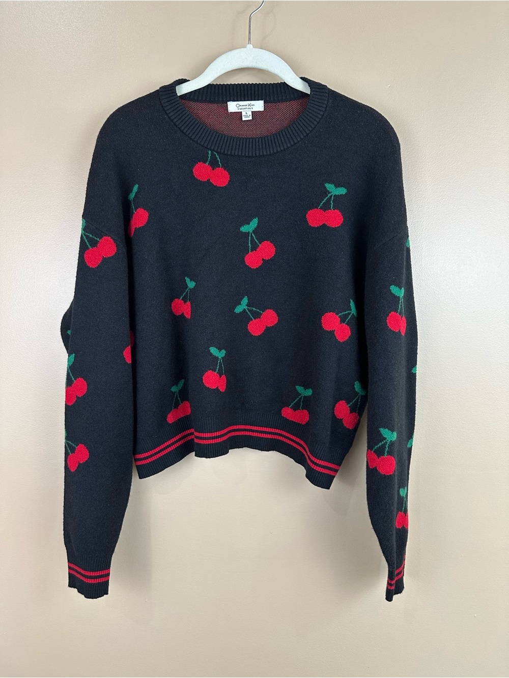 Orange Kiss Cherry Sweater Womens L Black Y2K Cherrycore Knit Retro Kitsch